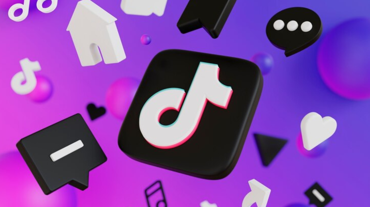 Tiktok logo, symbol house,heart symbol, text bubble,background bright purple and blue,arrow,message,design is modern and minimalist,visual elements are related to social media interactions.