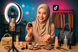 woman do livestream on tiktok, a products, phone