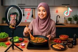 woman livestreaming ,cooking, sharing recipes