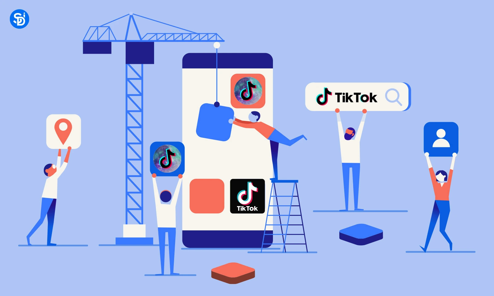 blue backgrond, peoples, tiktok logo, phone