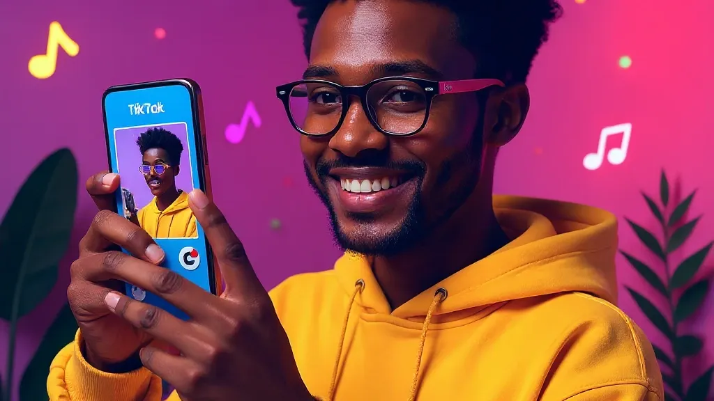 Smiling man in yellow hoodie holding a smartphone with TikTok app, colorful background with music notes