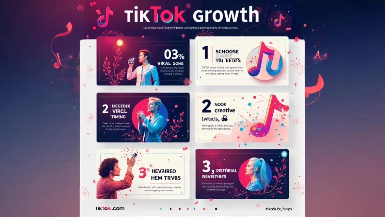 TikTok Growth Infographic Infographic about TikTok growth with three steps: choose viral songs, create creative content, and restore new styles, illustrated with colorful visuals and music icons.