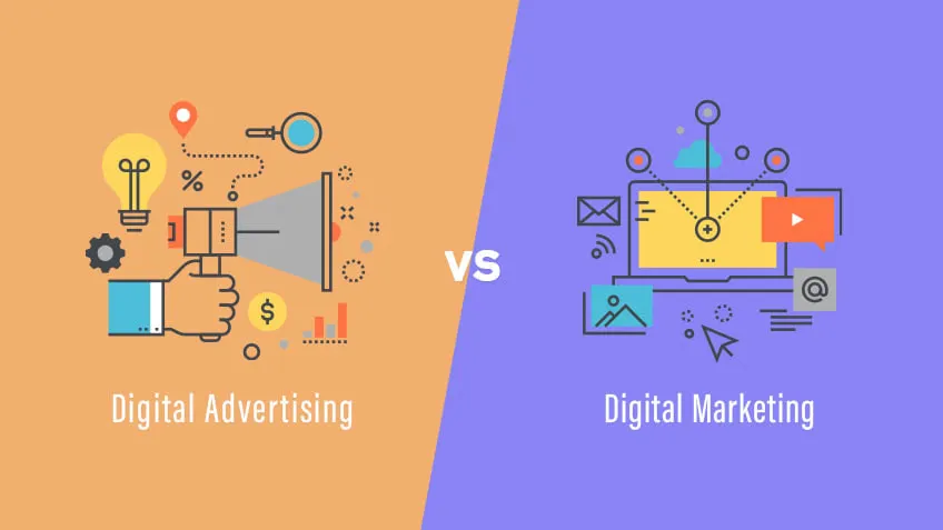 An illustration comparing digital advertising and digital marketing, showing icons of megaphone, graphs, emails, and video elements to represent the difference between paid ads and overall marketing strategy.