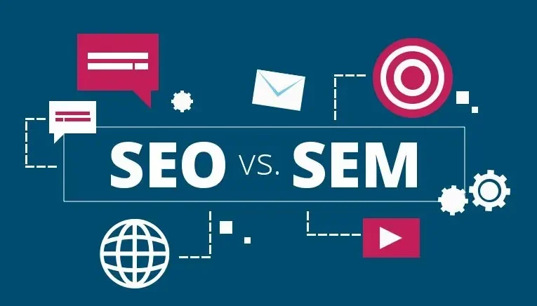 Ilustrasi perbezaan antara SEO dan SEM dalam strategi pemasaran digital, menunjukkan ikon carian, sasaran, dan media sosial untuk menggambarkan teknik pengoptimuman enjin carian dan pemasaran berbayar.