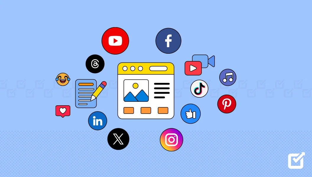 An illustration of social media content marketing strategy featuring icons of platforms like Facebook, Instagram, TikTok, YouTube, and LinkedIn, representing the connection between content, engagement, and digital marketing.