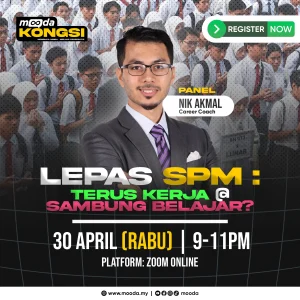 Graphic promoting an online session discussing post-SPM options such as working or continuing studies, including speaker and schedule.