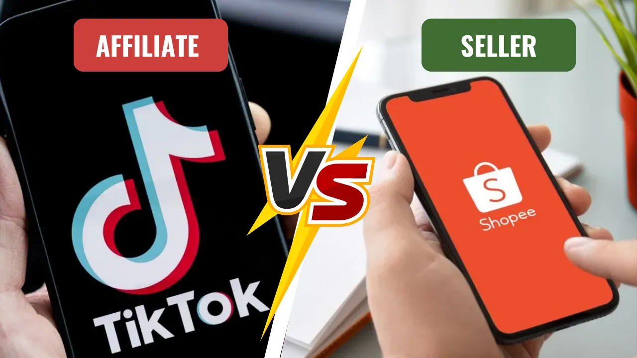 Perbandingan TikTok Affiliate dan Shopee Seller dengan logo aplikasi pada telefon