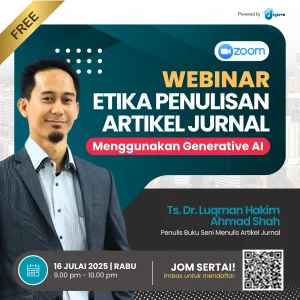 Promotional poster for a webinar on journal article writing ethics using generative AI, featuring the speaker and event details.