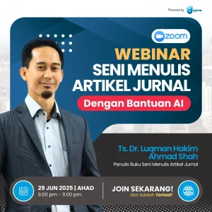 Promotional graphic for a webinar on the art of writing journal articles with AI assistance, showing the speaker and event schedule.