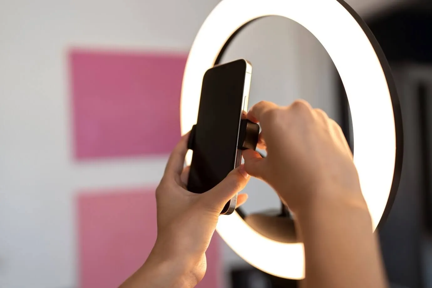 Smartphone setup with ring light for professional short-form video and social media content creation