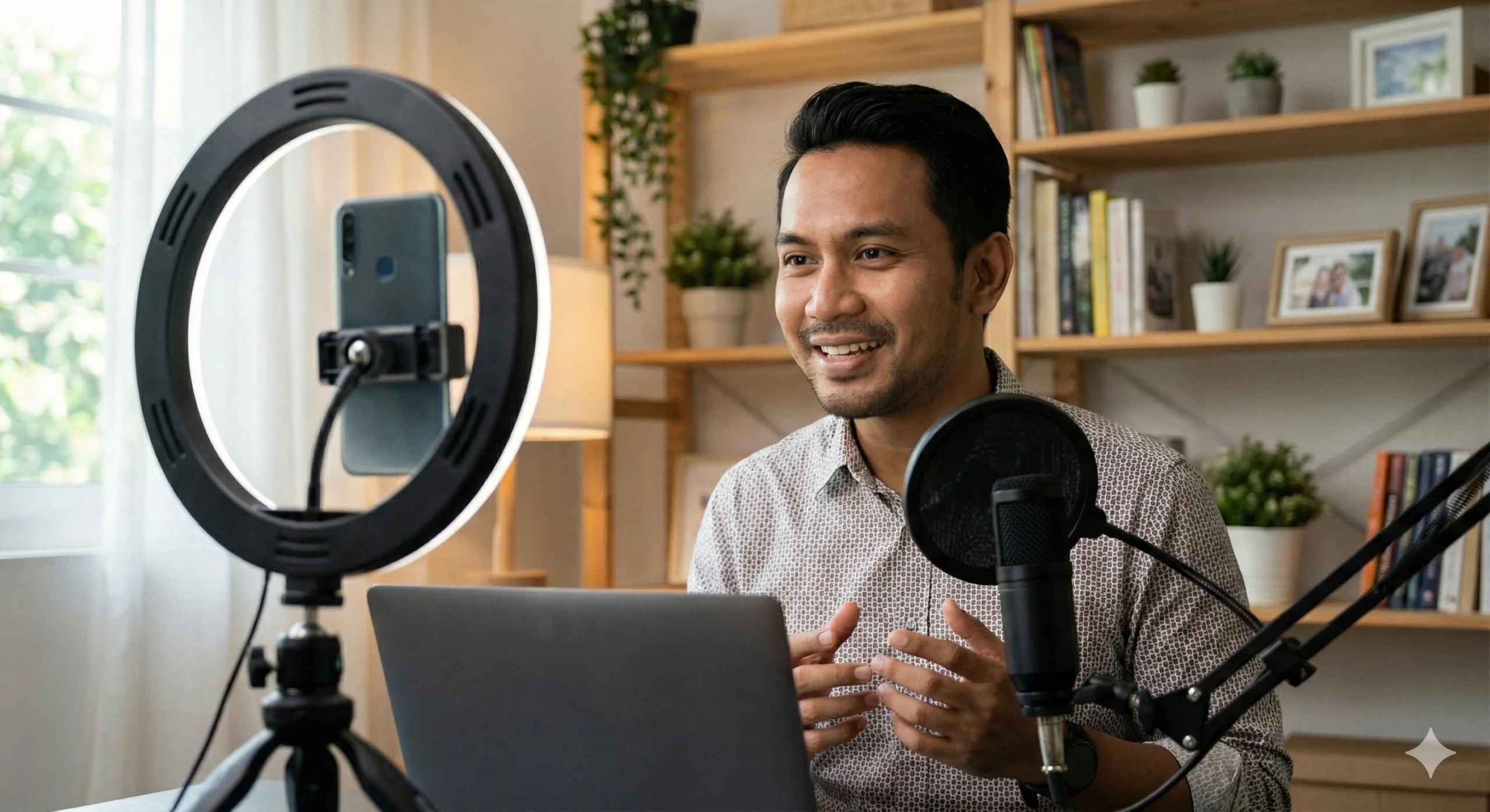 Seorang lelaki Melayu yang mesra sedang tersenyum dan bercakap sambil membuat isyarat tangan di hadapan komputer riba, mikrofon profesional, dan telefon pintar yang dipasang pada lampu cincin (ring light) di dalam suasana bilik yang selesa dengan rak buku di belakang.