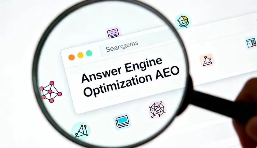 Close-up teks Answer Engine Optimization di bawah kaca pembesar