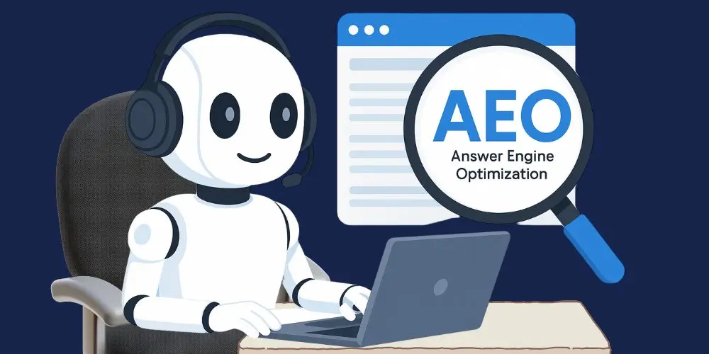 Ilustrasi AI assistant memahami konsep Answer Engine Optimization