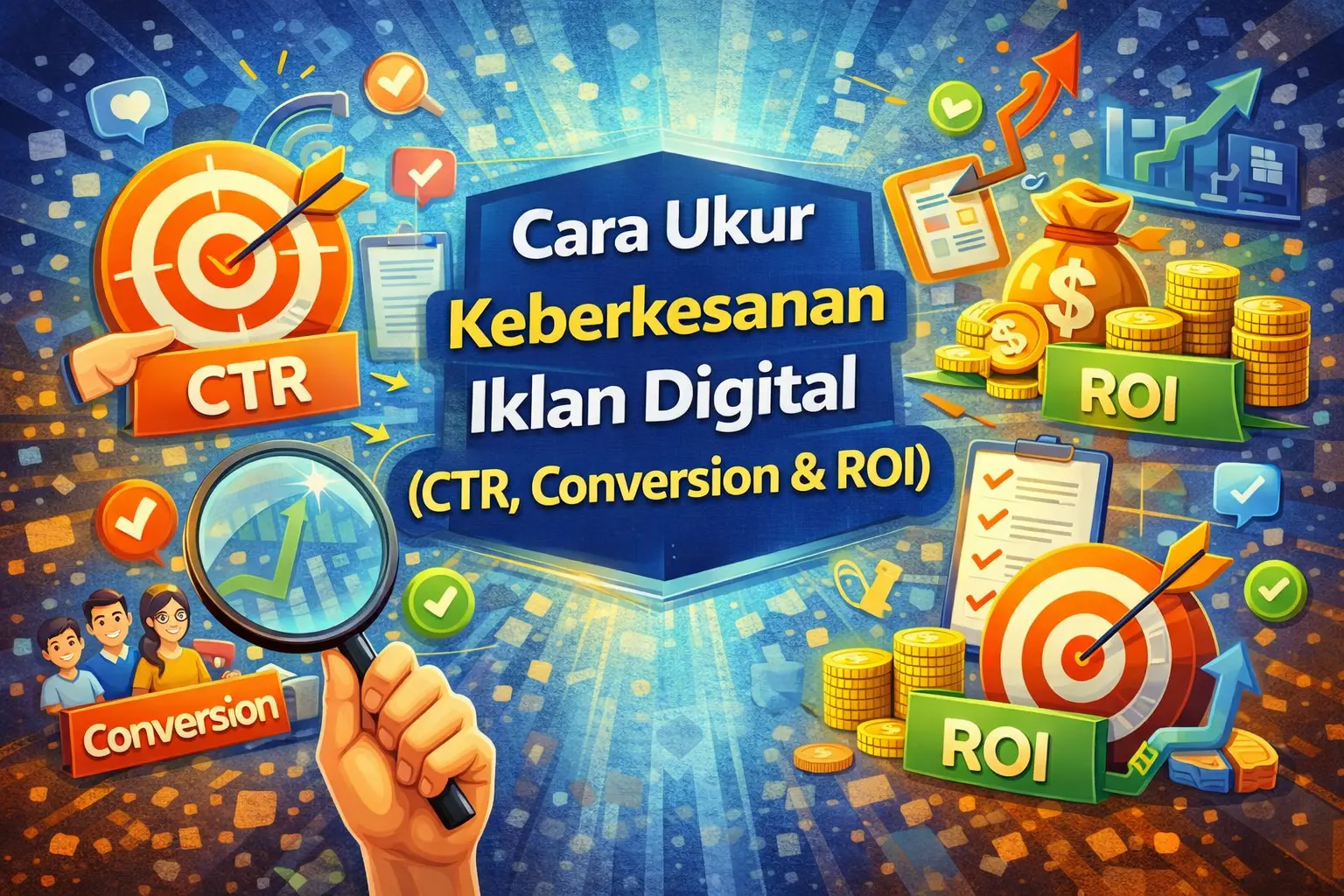 Ilustrasi cara mengukur keberkesanan iklan digital menggunakan metrik CTR, conversion dan ROI untuk analisis prestasi