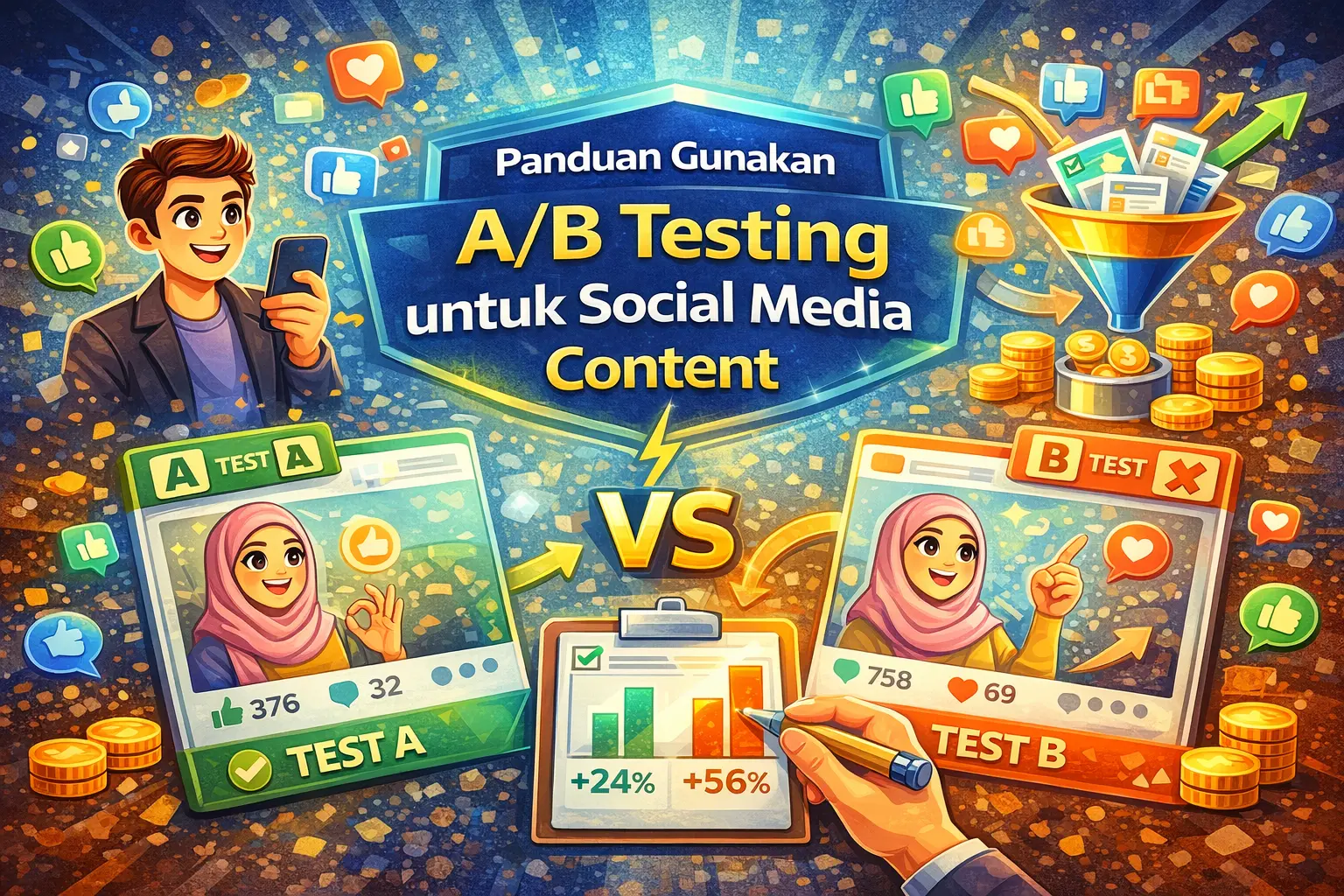 Ilustrasi A/B testing untuk content media sosial bagi meningkatkan engagement, conversion dan prestasi content