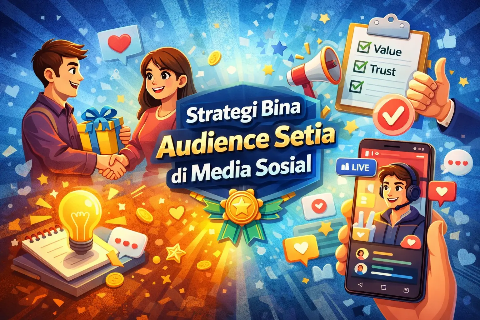 Ilustrasi strategi membina audience setia di media sosial melalui trust, engagement dan content bernilai