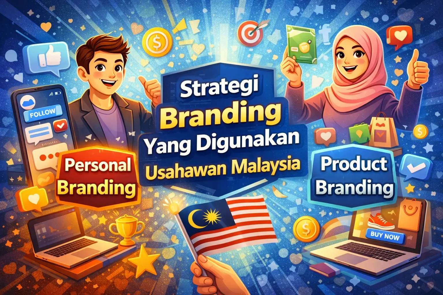 Ilustrasi strategi branding usahawan Malaysia termasuk personal branding dan product branding dalam bisnes digital